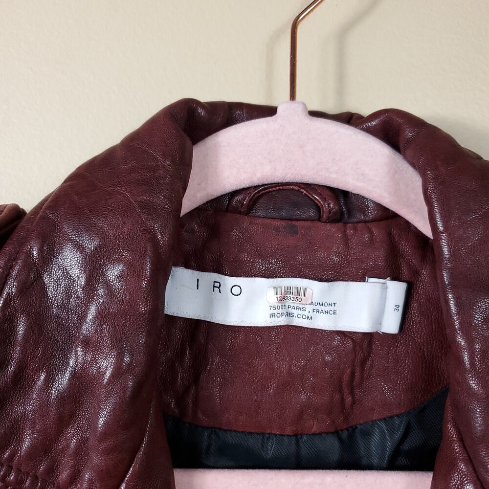 Iro Vintage Red Cropped Lambskin Leather Motorcycle Jacket Size 34/ US2 - Picture 9 of 12